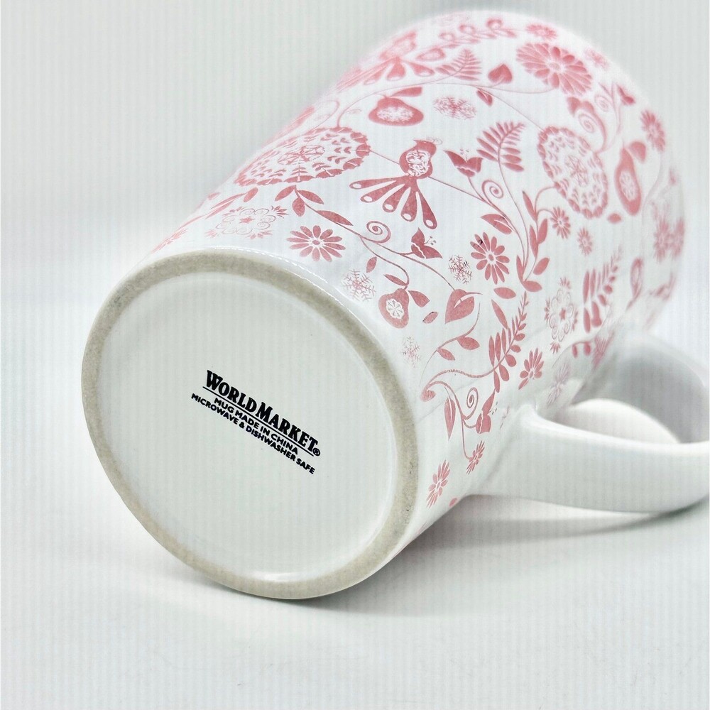 World Market Coral Pink Floral Birds & Pears Coffee Latte Mug Cup - Picture 5 of 7